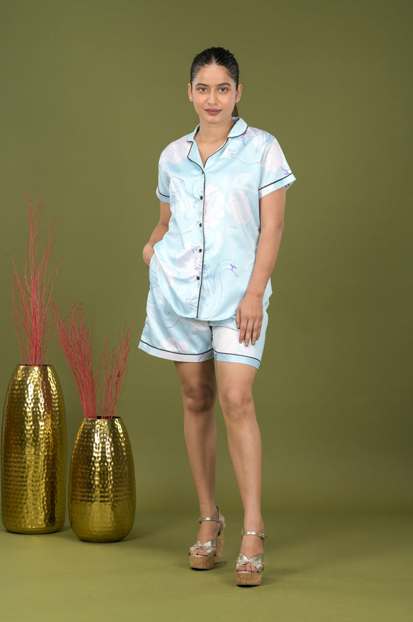 Aquatic Duck Print Premium Satin Night Suit